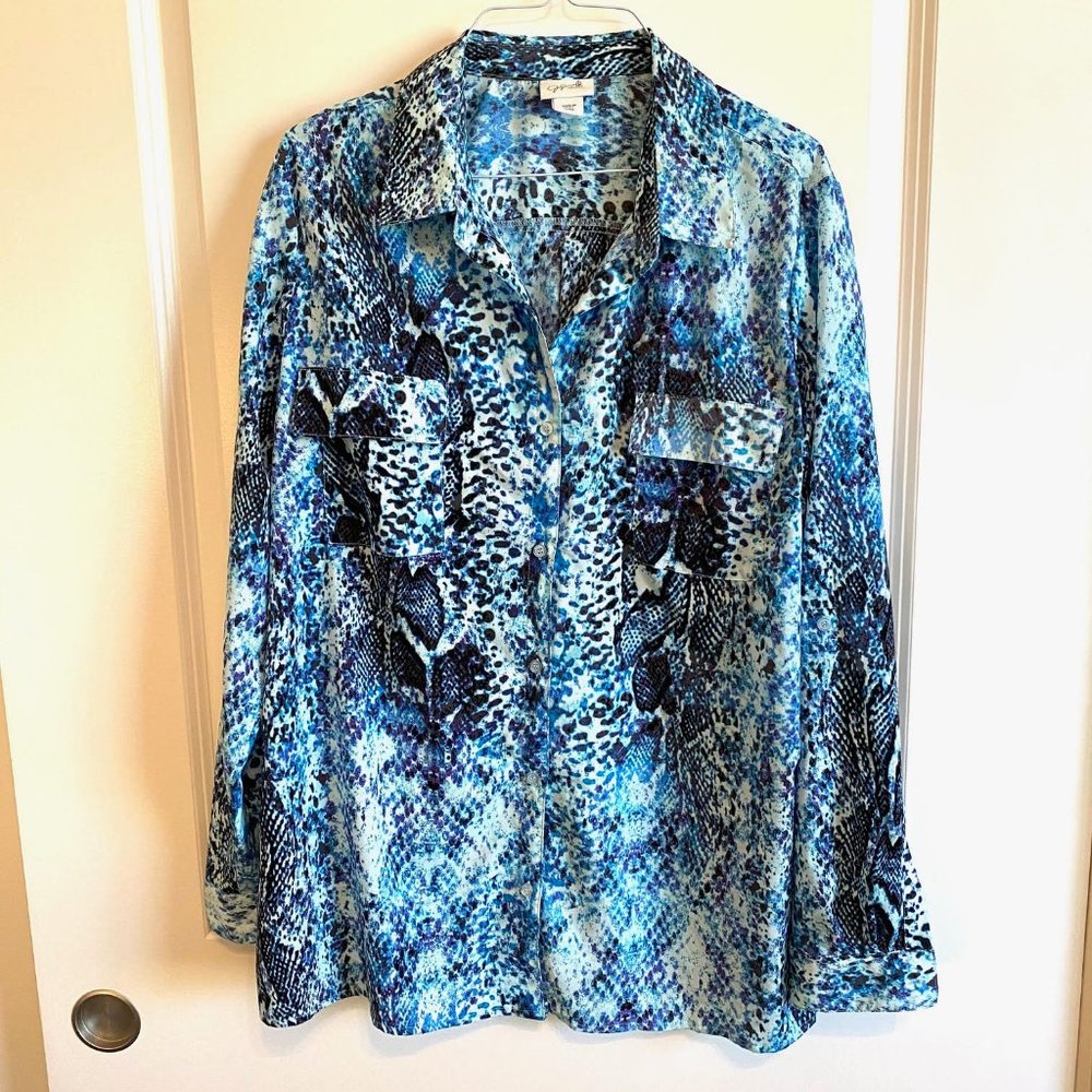 Blue snakeskin print silky blouse